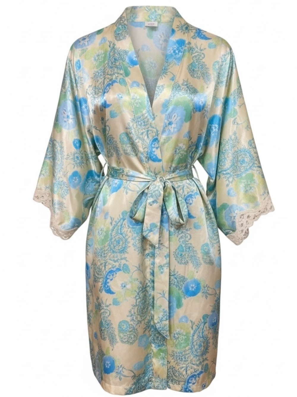 Secret Treasures Satin Floral Kimono Robe Blue Green – Large